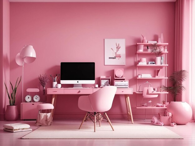 Interior of the room in plain monochrome pink color with desk and room accessories