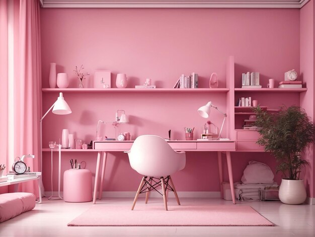 Interior of the room in plain monochrome pink color with desk and room accessories