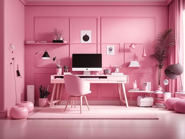 Interior of the room in plain monochrome pink color with desk and room accessories