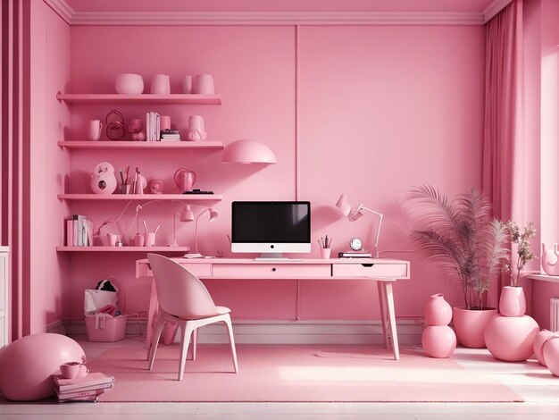 Interior of the room in plain monochrome pink color with desk and room accessories