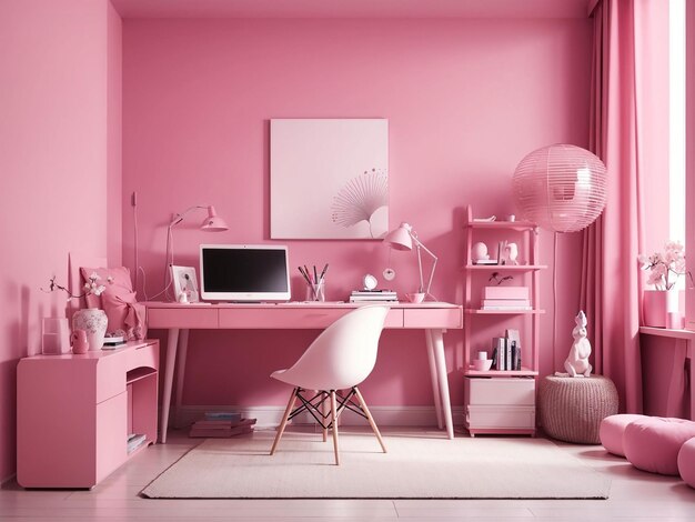 Interior of the room in plain monochrome pink color with desk and room accessories