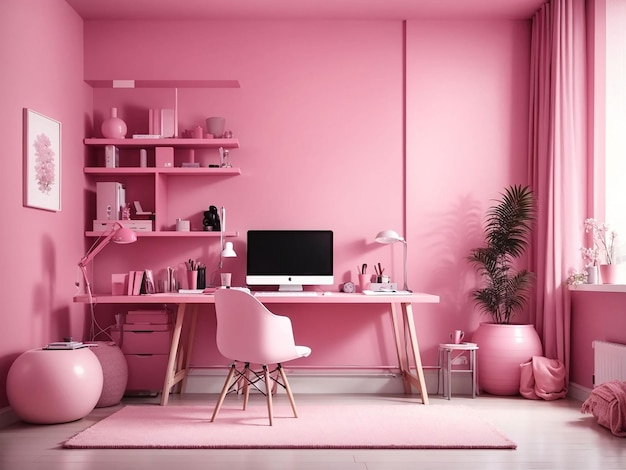 Interior of the room in plain monochrome pink color with desk and room accessories