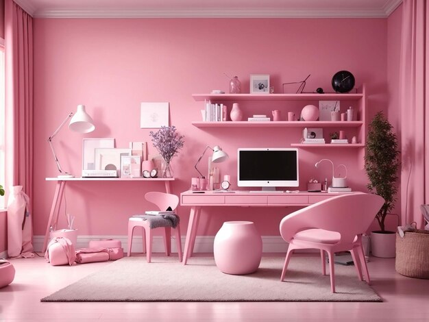 Interior of the room in plain monochrome pink color with desk and room accessories