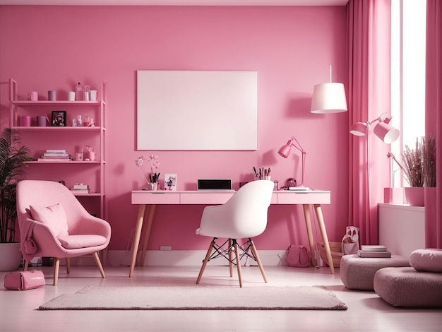 Интерьер комнаты в простом монохромном розовом цвете с письменным столом и аксессуарами для комнаты.
