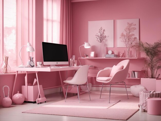 Interior of the room in plain monochrome pink color with desk and room accessories