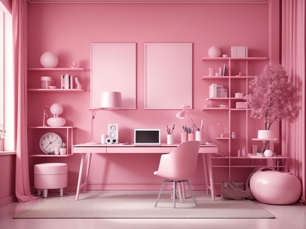 Interior of the room in plain monochrome pink color with desk and room accessories