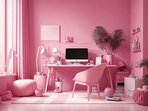 Interior of the room in plain monochrome pink color with desk and room accessories