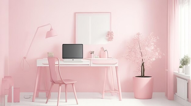 Interior of the room in plain monochrome pink color with desk and room accessories