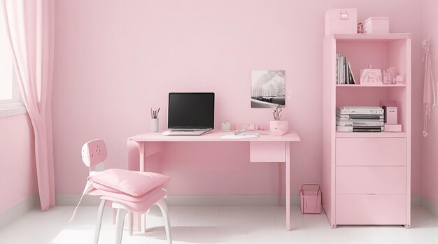 Interior of the room in plain monochrome pink color with desk and room accessories