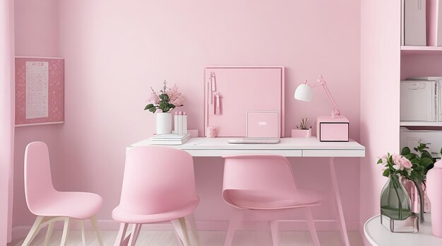 Interior of the room in plain monochrome pink color with desk and room accessories