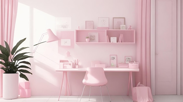 Interior of the room in plain monochrome pink color with desk and room accessories