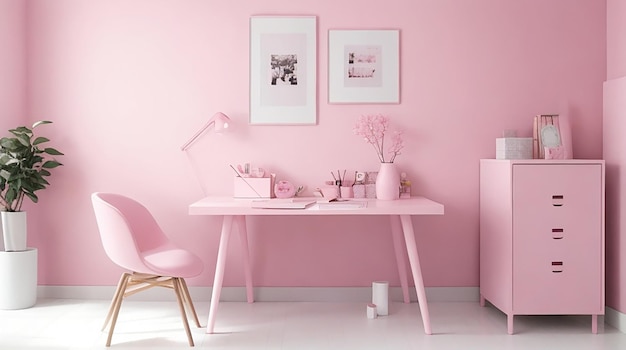 Interior of the room in plain monochrome pink color with desk and room accessories