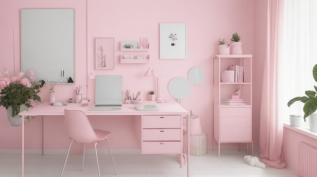 Interior of the room in plain monochrome pink color with desk and room accessories