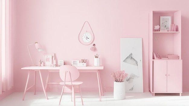 Interior of the room in plain monochrome pink color with desk and room accessories