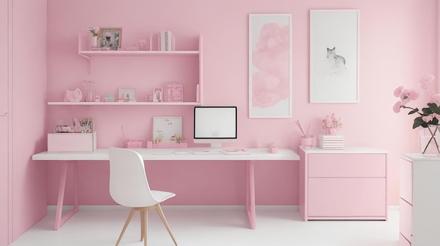 Interior of the room in plain monochrome pink color with desk and room accessories
