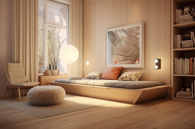 In the interior of the room there is a light wooden floor with a soft carpet and a cozy bench