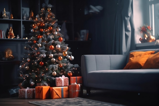 Interior of a room with a Christmas tree and gifts
