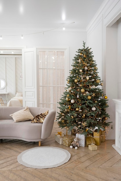 Interior of a room with a Christmas tree