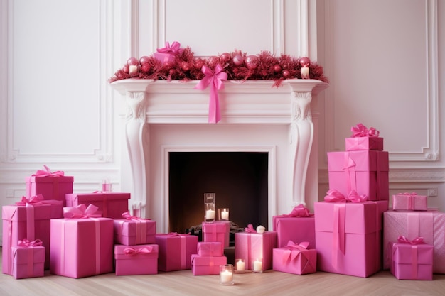 Интерьер комнаты с камином, розовыми подарочными коробками и рождественской елкой