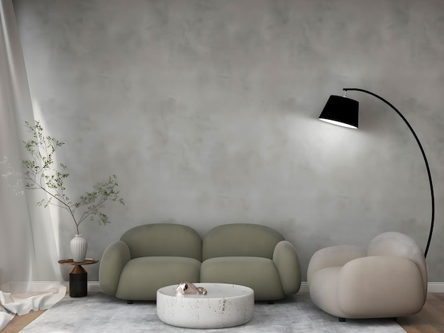 Interior room with grey sofa, brown hanging lamp, table,
plants, and wooden partition wall.