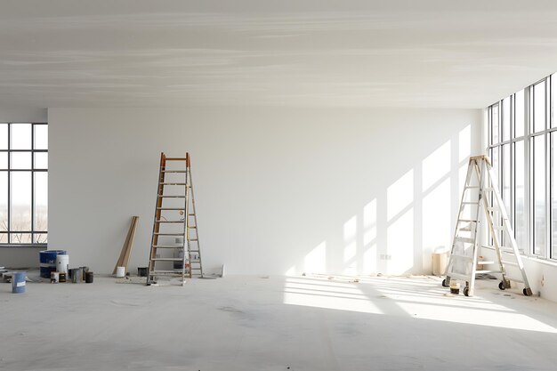 Interior of a room with a ladder and a wall under construction