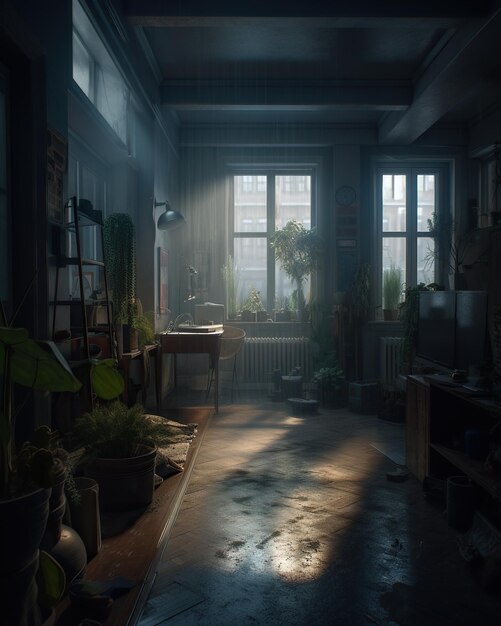 Interior of a room with a lot of plants and a large window