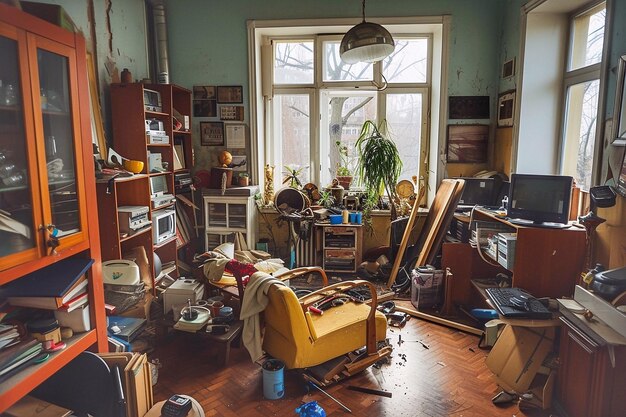 The interior of the room with a mess of furniture and things for repair work