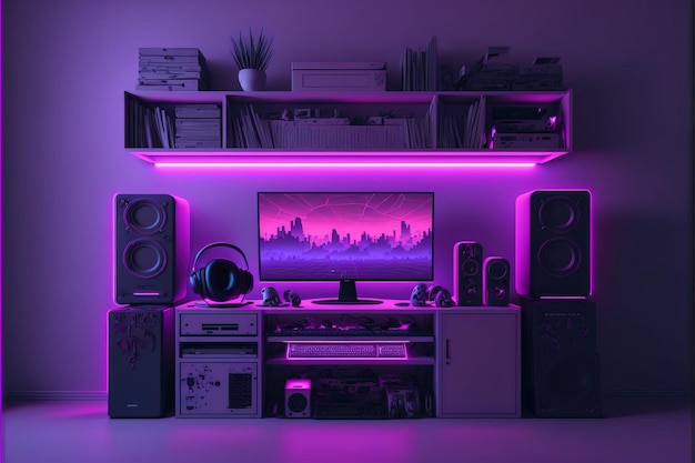 interior of a room with neon effect gaming desk and screens generative ai