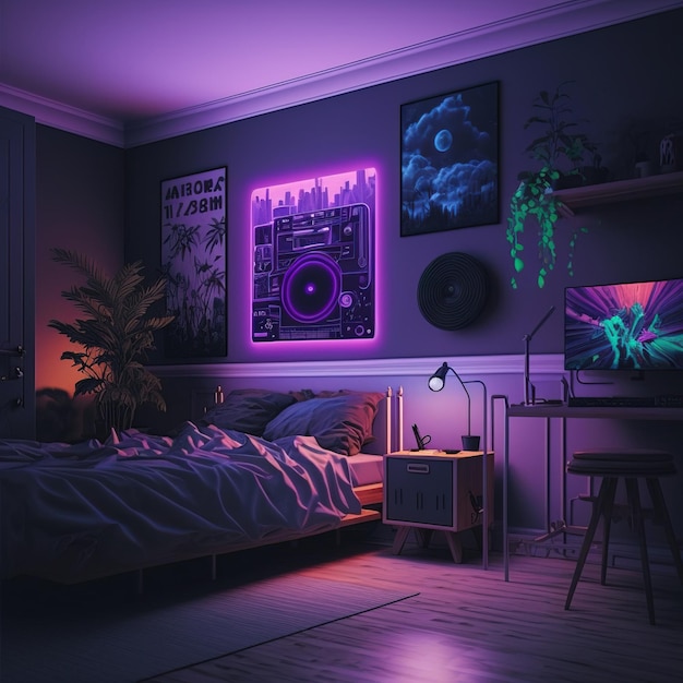 interior of a room with neon effect gaming desk and screens generative ai