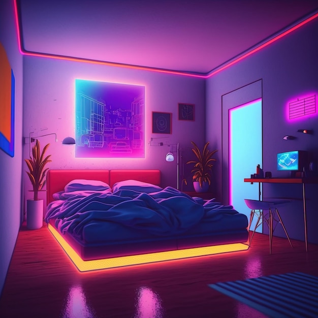 interior of a room with neon effect gaming desk and screens generative ai