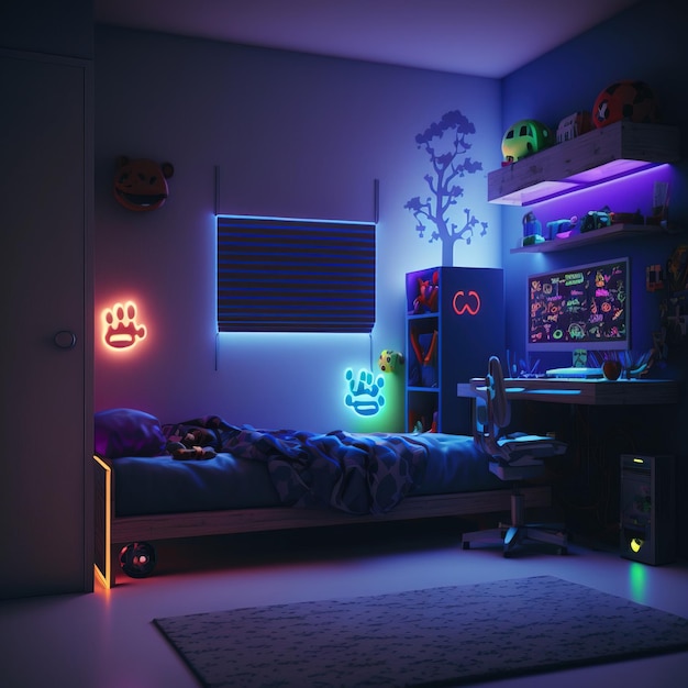 interior of a room with neon effect gaming desk and screens generative ai