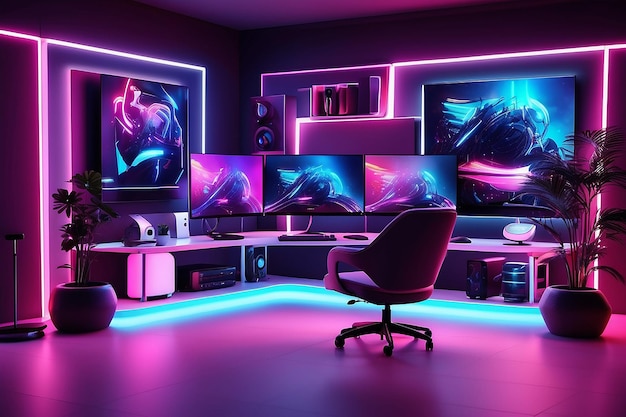 Interior of a room with neon effect gaming desk and screens