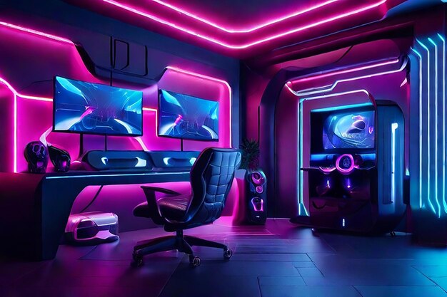 Interior of a room with neon effect gaming desk and screens