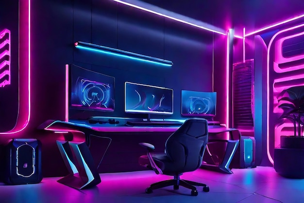 Interior of a room with neon effect gaming desk and screens