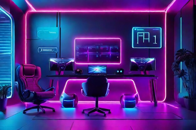 Interior of a room with neon effect gaming desk and screens