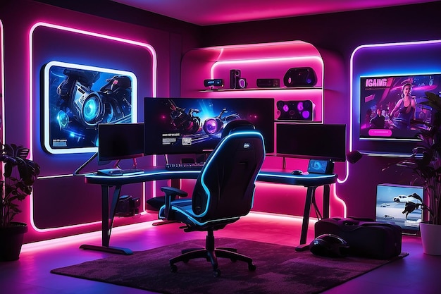 Interior of a room with neon effect gaming desk and screens