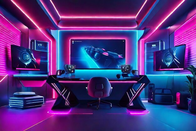 Interior of a room with neon effect gaming desk and screens