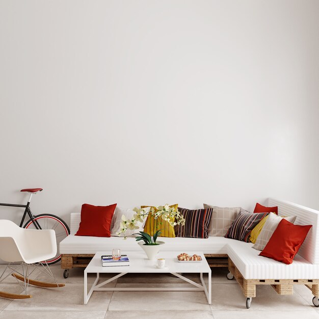 Interior of a room with a sofa and white armchair