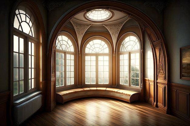 Interior of room with wooden arched windows