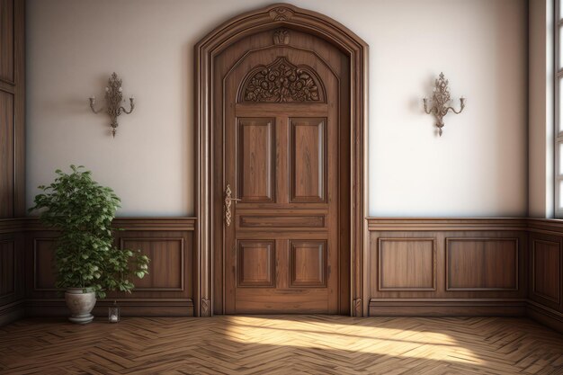 Photo interior of room with wooden door 3d rendering