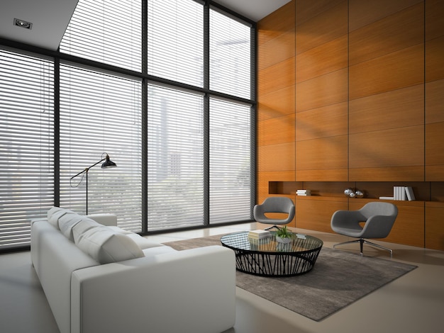 Interior of the room with wooden panel wall 3D rendering