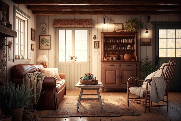 A interior of a rural residential house with its warm and welcoming atmosphere The furniture and decor are simple yet charming Generative AI