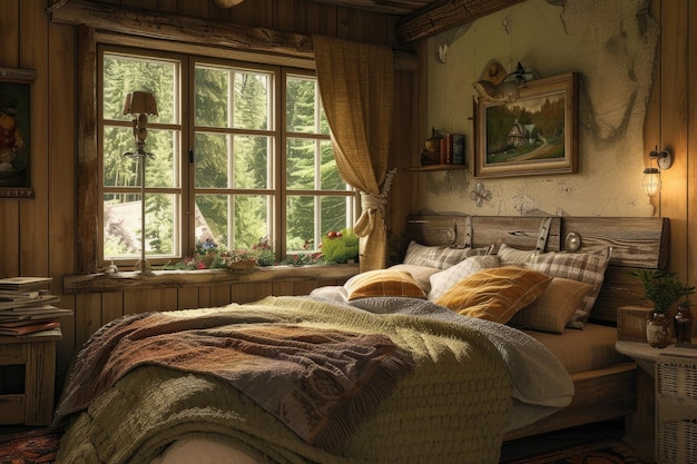 Интерьер спальни в деревенском стиле с большим окном