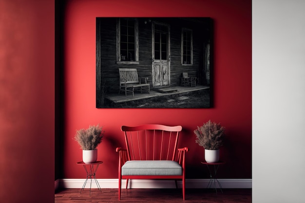 Interior of a rustic home with a bench chairs and decor in a red room