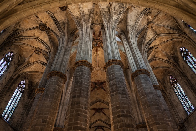 Interior of Santa Maria del Mar, the most beautiful gothic church in Barcelona