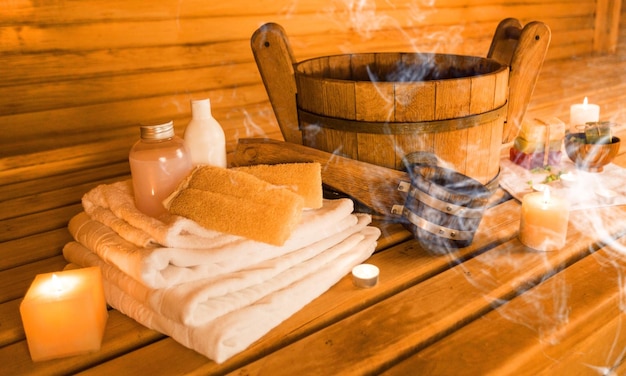 Photo interior of sauna and sauna accessories on background