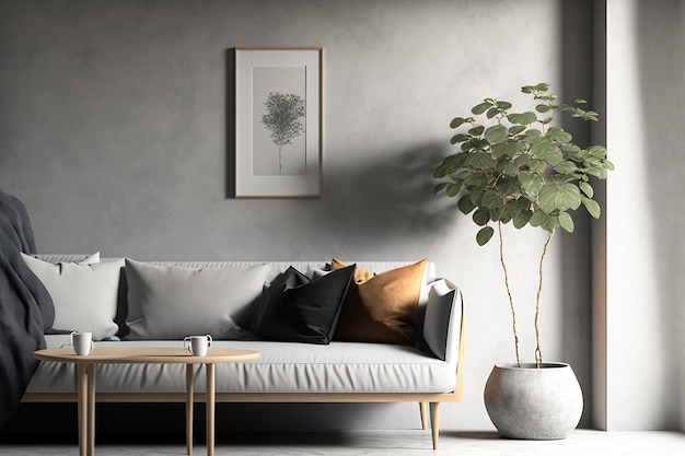 ソファとコーヒーテーブルを備えたスカンジナビアデザインのインテリアで、モダンな設定で空の壁をモックアップ