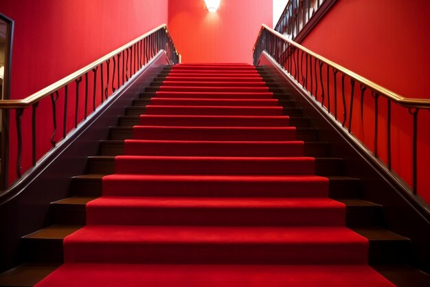 Interior scene of hotel stairs covered with red carpet generative ai