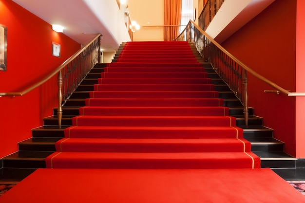 Interior scene of hotel stairs covered with red carpet generative ai