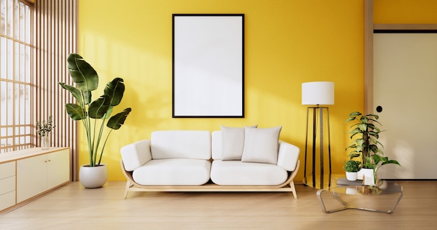 Photo interior scene mock up with yellow wall room and white sofa minimalism. 3d rendering